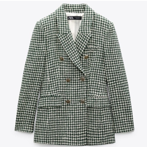 Zara Ecru/Green Houndstooth Lapel Collar Double Breasted Blazer Middleton S Used - Picture 1 of 8